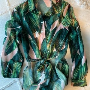 Tropical floral vacation front tie womens blouse S